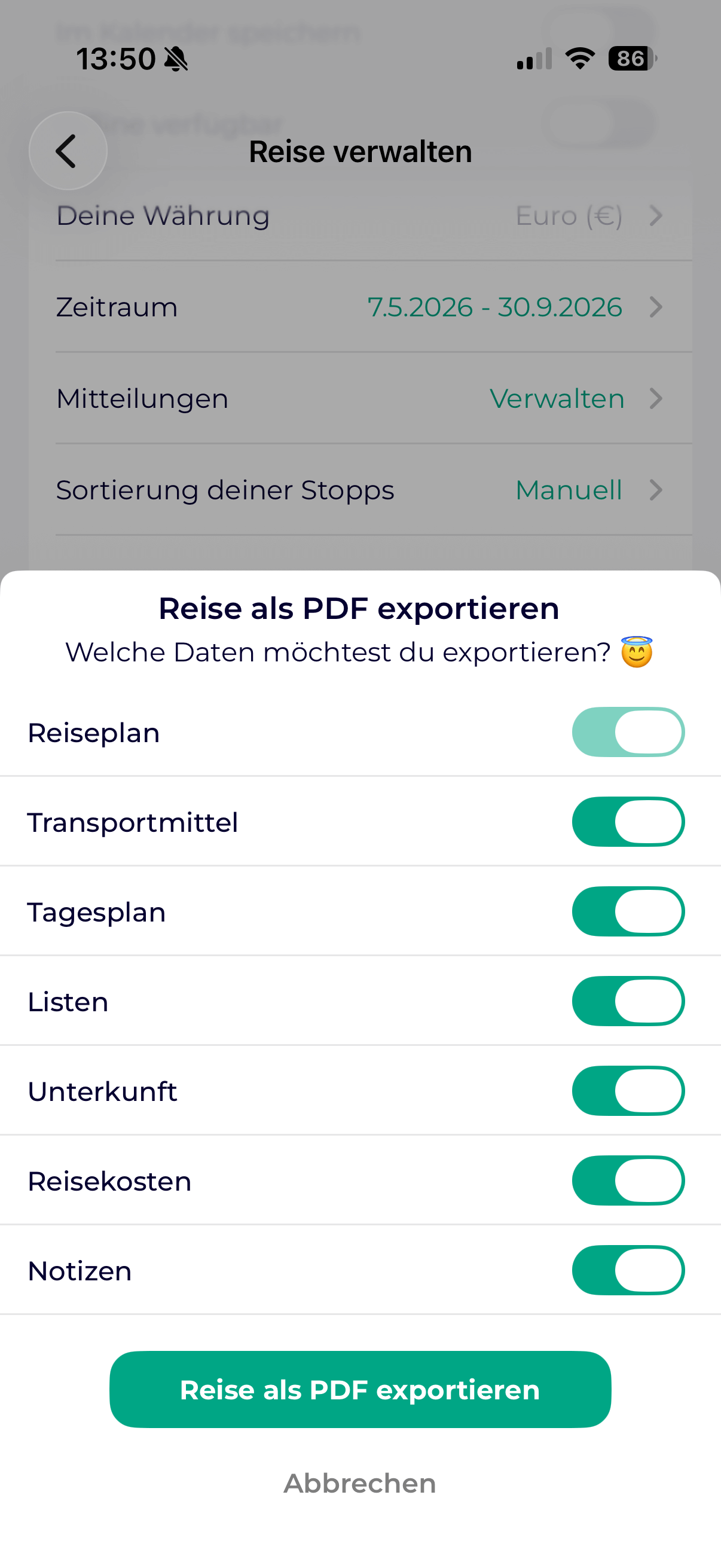 Export von Reisekosten.
