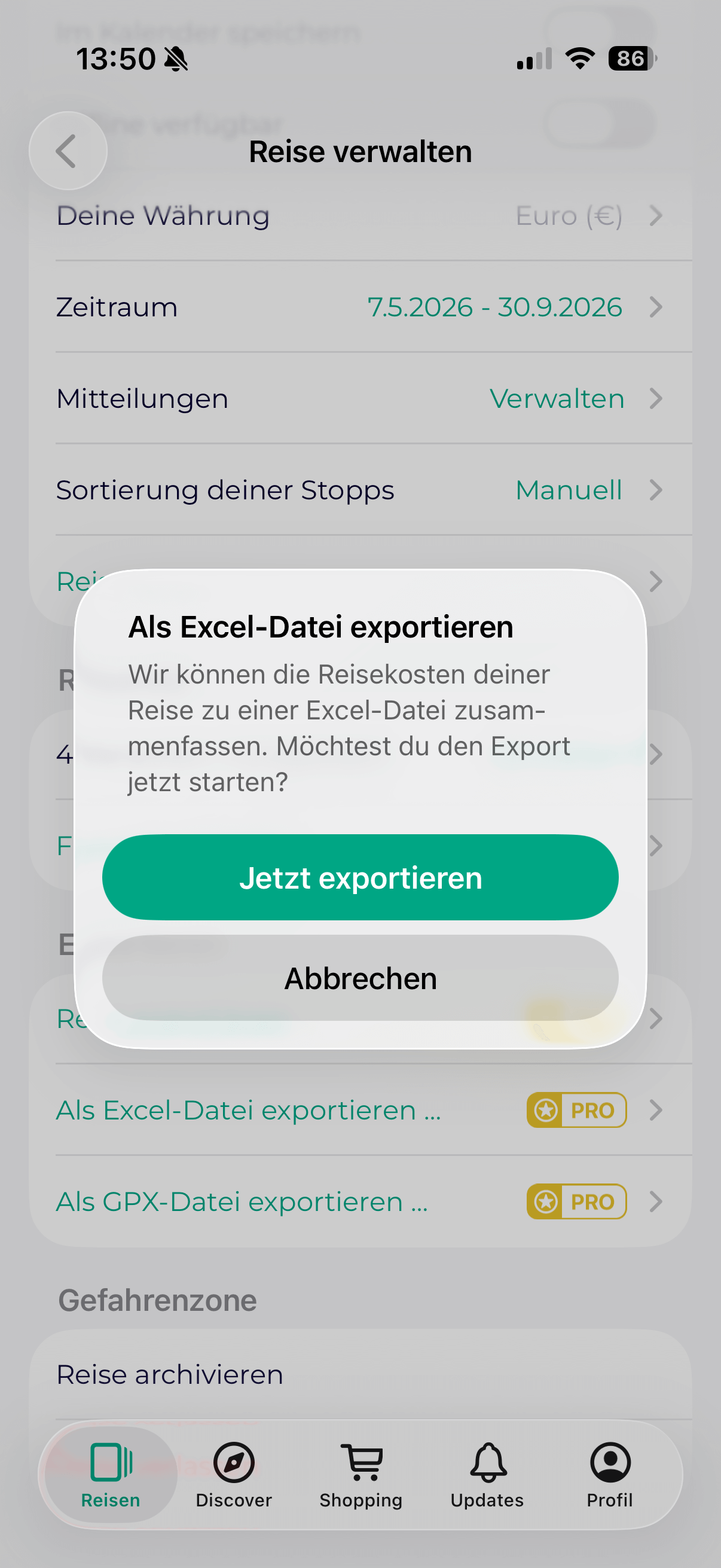 Reise als PDF-Export.